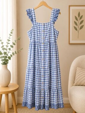 Shabby Chic Blue Gingham Maxi Dress with Lace Trim